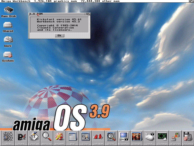 WinUAE with Amiga OS 3.X, 68040, 72 MB memory